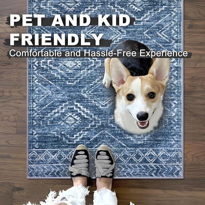 KILOCOCO Hallway Runner Rug 3x8 Runners for Hallways Washable Runner Rug Non Slip Rubber Backed Low-Pile Runners for Bedroom Kitchen Living Room Laundry Room Boho Rugs, Stonewashed Blue