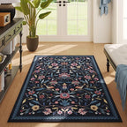 Vintage Medallion Floral 3x5 Washable Rug, Soft Low Pile Area Rug, Non-Slip Carpet for Bedside, Bedroom, Bathroom, Entryway, Kitchen, Office, Kids/Girls Room | Blue