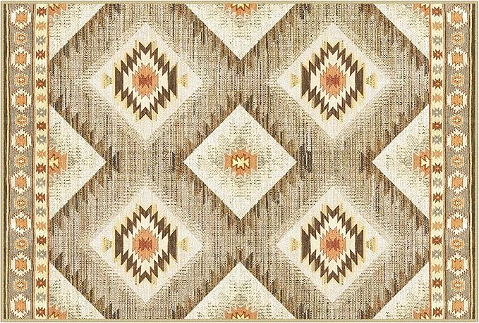 Area Rug 10x12 Rug Machine Washable Non-Slip Low Pile Print Pattern Western Rug for Living Room Bedroom Entryway Tribal Series-Cream/Camel