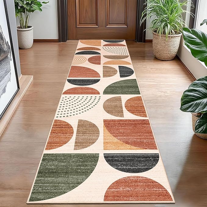 MUJOO Boho Runner Rug Washable,2x8 Area Rugs for Hallways Kitchen Bedroom Entryway Bathroom,Non Slip Carpet Long Mat Indoor,Soft Modern Abstract Bohemian Terracotta