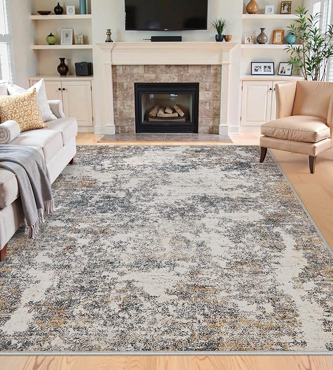 5x7 Washable Area Rugs - Modern Abstract Rugs for Living Room Non-Slip Low Pile Soft Machine Washable Carpet for Bedroom, Dining Room, Nursery, Home Office, Farmhouse (5'x7' Tan Blue)
