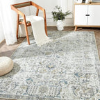 jinchan Kalen Area Rug 6x9 Washable Living Room Rug Vintage Indoor Large Floor Cover Retro Distressed Floral Country Boho Lightweight Non Slip Thin Carpet for Kitchen Bedroom Dining Room Office Blue