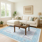 Fame Living Cream Blue Oushak Rug, Modern Small Rugs, Vintage, Turkish, Eclectic, Floral, Pastel, Washable, Door Mat, Doormat for Indoor Entrance, Entryway, Kitchen, Bathroom, Bedroom, Laundry, 2'x3'