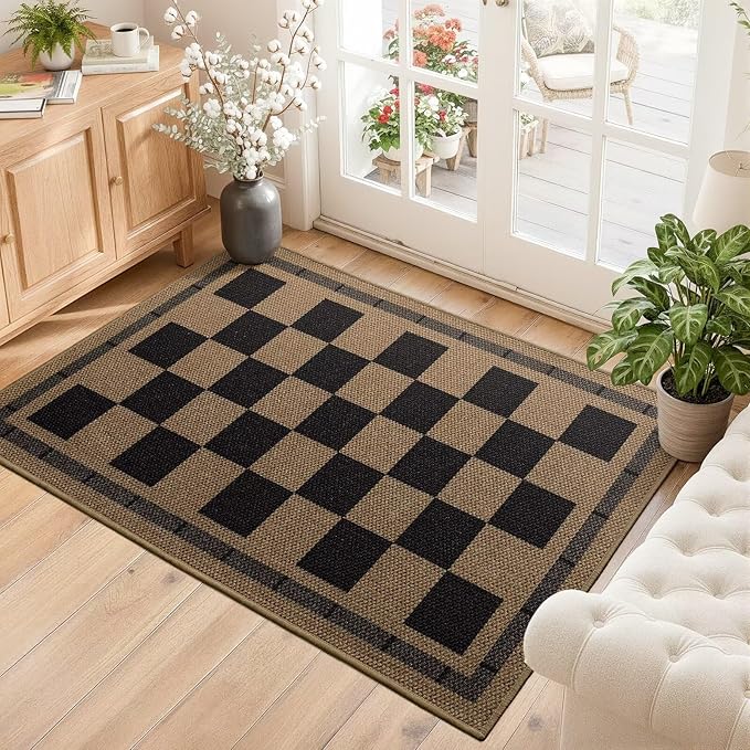 Vasofe Washable Small Entry Rug, 2x3 Checkered Jute Rugs Outdoor Indoor Front Door Mat, Non-Slip Bedroom Entrance Doorway Kitchen Mats, Plaid Farmhouse Porch Carpet, Black and Brown