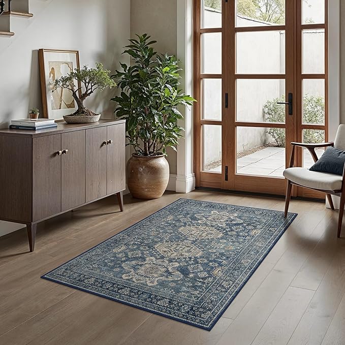 Bavni 3x5 Area Rug for Living Room Bedroom, Washable Boho Print Vintage Aesthetic Rug, Ultra-Thin Low Pile Rugs for Entryway Playroom with Non Slip Backing, Blue