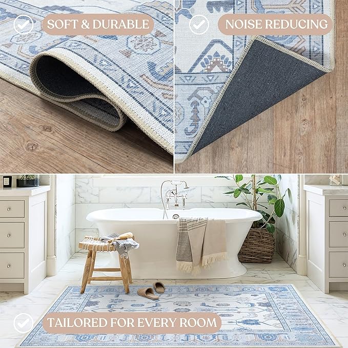Fame Living Cream Blue Oushak Rug, Modern, Vintage, Turkish, Eclectic, Floral, Pastel, Washable, Area Rugs for Living Room, Dining, Bedroom, Nursery, Girls, Boys, 5'9"x8'9"