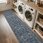 Washable Runner Rug 2x12: Vintage Boho Floral Carpet Runners for Hallway Entryway Non-Slip - Soft Botanical Low Pile Thin Mat for Kitchen Bathroom Bedroom Laundry Floor Decor - Slate Blue