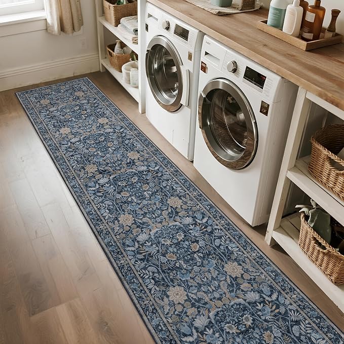 Washable Runner Rug 2x10: Vintage Boho Floral Carpet Runners for Hallway Entryway Non-Slip - Soft Botanical Low Pile Thin Mat for Kitchen Bathroom Bedroom Laundry Floor Decor - Slate Blue