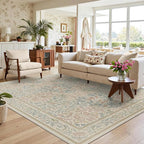 Bavni Floral Beige Pink Area Rugs 5x7, Vintage Boho Carpet Machine Washable, Non Slip Soft Low Pile Thin Rug for Bedroom, Living Room, Dining Room, Nursery