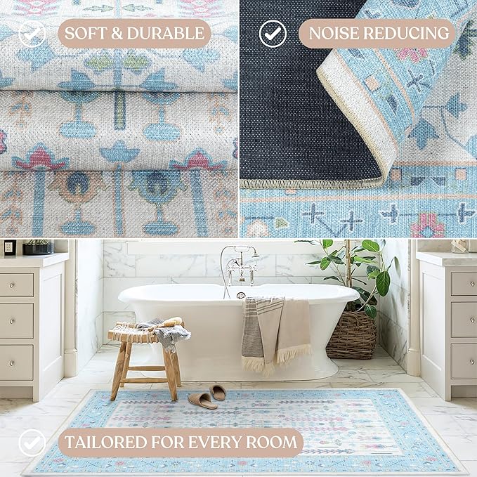 Fame Living Cream Blue Oushak Rug, Modern Rugs, Vintage, Turkish, Eclectic, Floral, Pastel, Washable, Small Throw, Accent Area Rug for Living Room, Bedroom, Kitchen, Bathroom, 2'5"x4'9