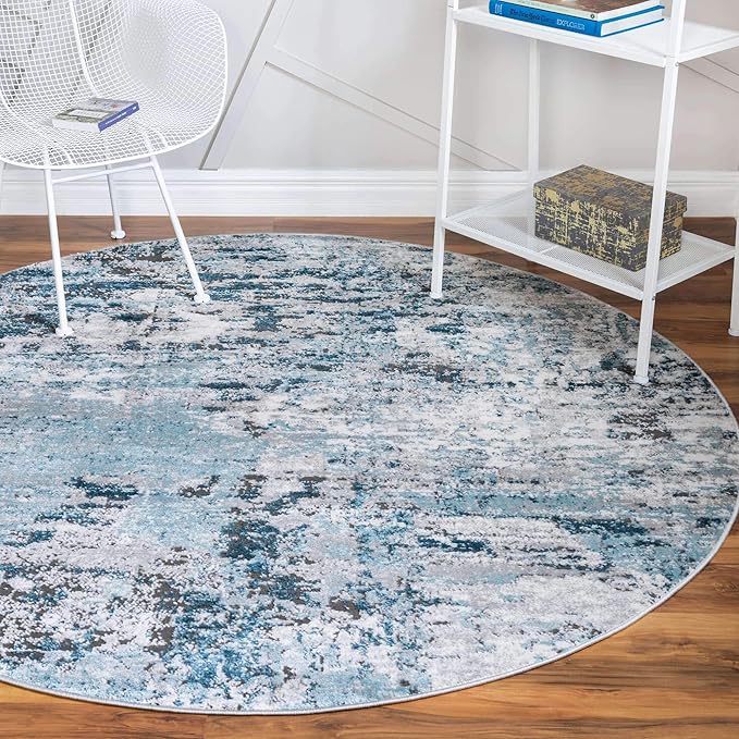 Rugs.com Leipzig Collection Round Rug – 3 Ft Round Blue Low-Pile Rug Perfect for Kitchens, Dining Rooms