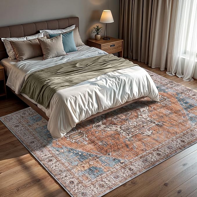 GLN Rugs Traditional Collection - Machine Washable Area Rug, Traditional Washable, Non Slip, Low Pile Chenille Rug, Living Room, Bedroom, Kitchen Rug (8' x 10' Terra/Multicolor)