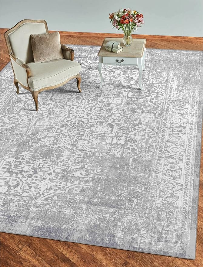 vivorug 4x6 Neutral Area Rugs, Stain Resistant Washable Rug for Living Room, Vintage-Inspired (Ivory/Silver, 4'x6')