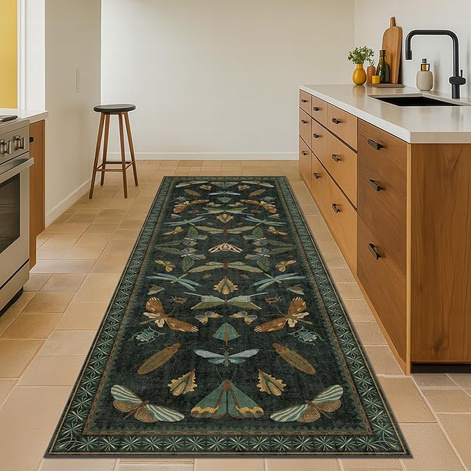 2x10 10ft Long Hallway Rug Runner - Washable Boho Rug for Entryway Idoor Non Slip, Dark Green Forest Butterfly Vintage Carpet, Low Pile & Soft Stain Resistant Indoor Décor