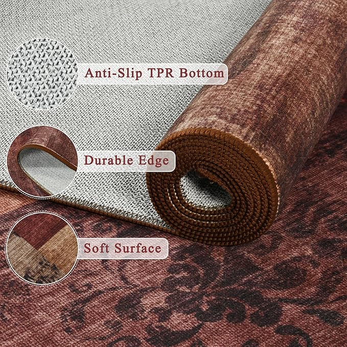 Tepook Modern Area Rug for Living Room, 4x6 Geometric Large Rugs for Bedroom, Washable Patchwork Rug Indoor Non-Slip Throw Carpets for Dining Room Office Farmhouse Home Decor, Red