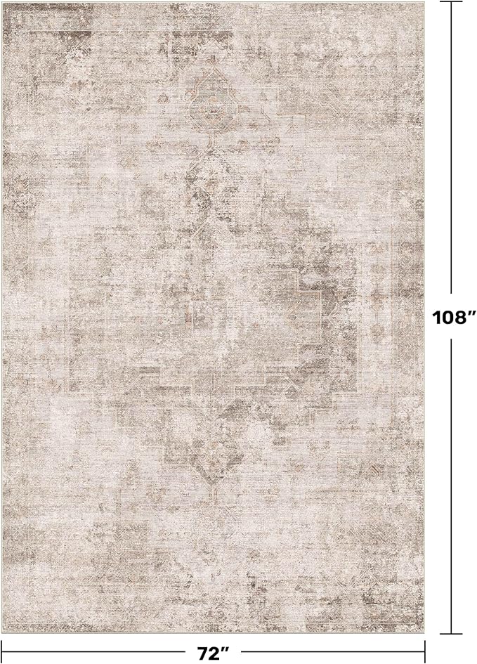 Neutral Farmhouse Area Rug for Bedroom - 6x9 Washable Rug for Dining Room Table, Ultra-Thin Soft Textured Boho Indoor Decor, Fade & Stain Resistant