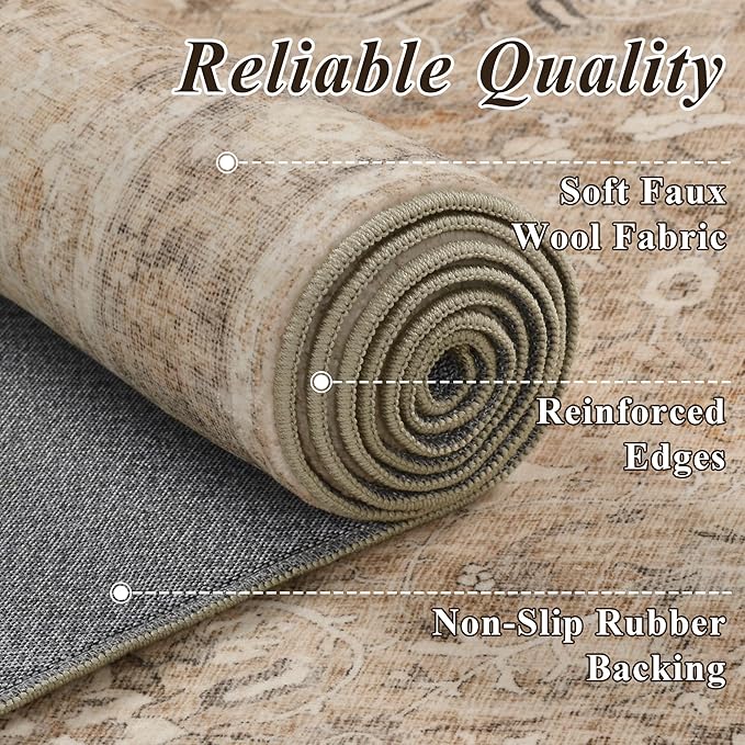 HelloTree Vintage Area Rug 4x6 Khaki Entryway Office Washable Carpet Non Slip Backing Printed Distressed Rugs for Bedroom Vintage Boho Tribal Area Rugs for Bathroom Bedroom Dining Living Room-Khaki