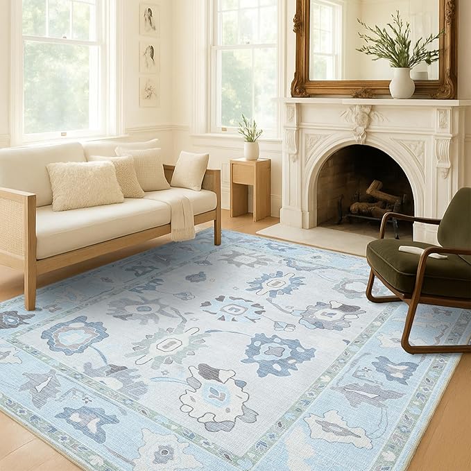 Fame Living Cream Blue Oushak Rug, Modern, Vintage, Turkish, Eclectic, Floral, Pastel, Washable, Oversized, Extra Large Area Rugs for Living Room, Dining, Bedroom, Lounge 9'5"x14'