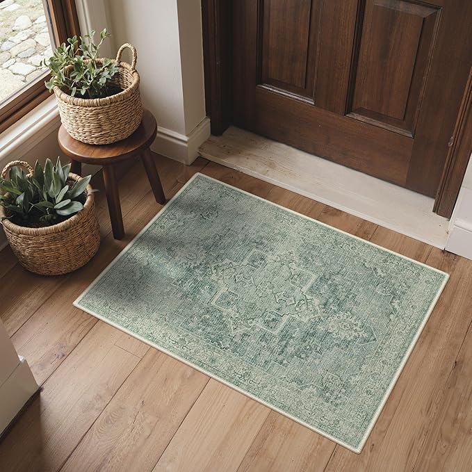 Area Rug 2x3 Doormat, Machine Washable Low Pile Vintage Rugs, Small Lightweight Rug Entryway Indoor Mat for Entrance, Hallway, Kitchen and Corridor, Green