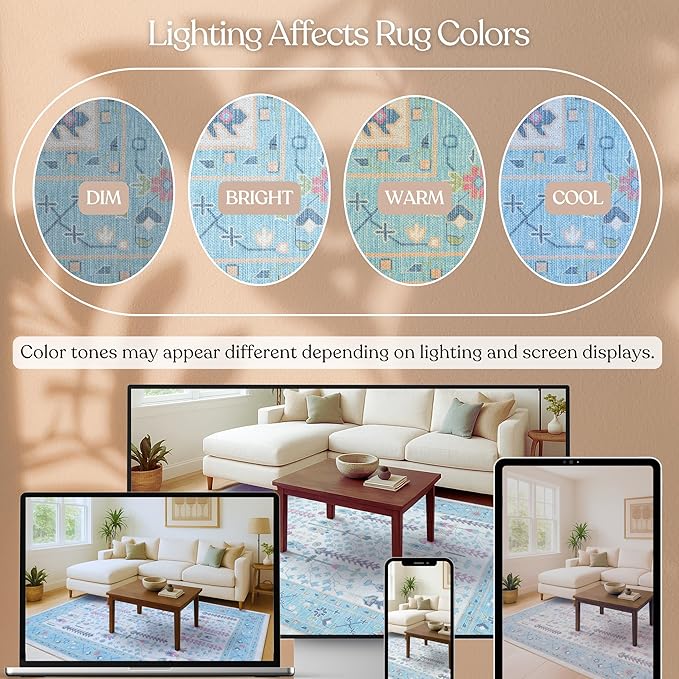 Fame Living Cream Blue Oushak Rug, Modern, Vintage, Turkish, Eclectic, Floral, Pastel, Washable, Extra Large Area Rugs for Living Room, Dining, Bedroom, Lounge, 9'x12'