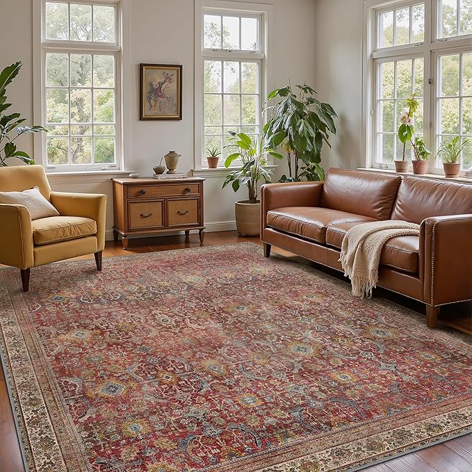 6x9 Area Rug Machine Washable Boho Rug for Living Room,Ultra-Thin Low Pile Carpet,Lightweight Indoor Printed Rug,Non Slip Floral Area Rug for Bedroom, Dining Room, Home Office,Burgundy Red