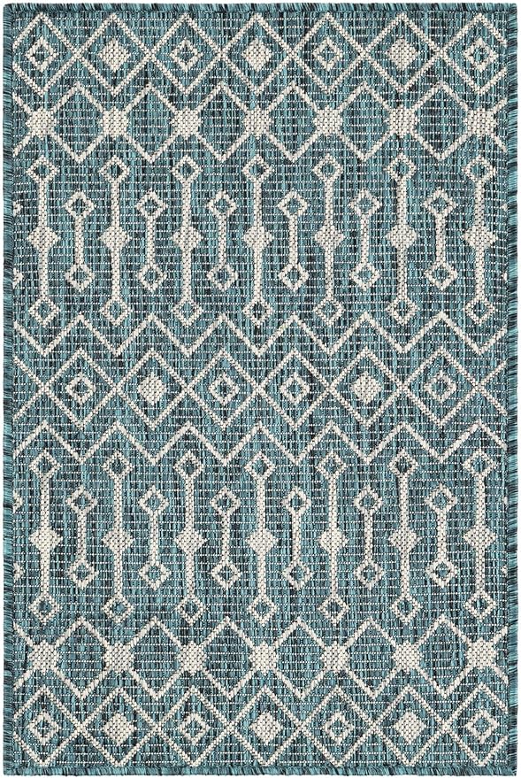 Unique Loom Outdoor Trellis Collection Area Rug - Tribal Trellis (2' x 3' 1" Rectangle Teal/Ivory)