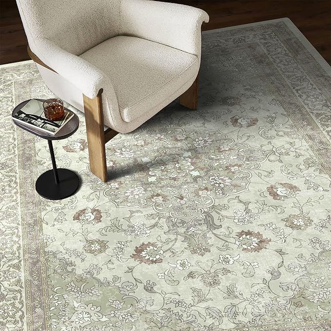 vivorug Sage Green 9x12 Area Rugs for Living Room, Non Slip Machine Washable Vintage Rug, Ultra-Thin Lightweight Large Area Rug for Bedroom, Dining Room, Low Pile Rug