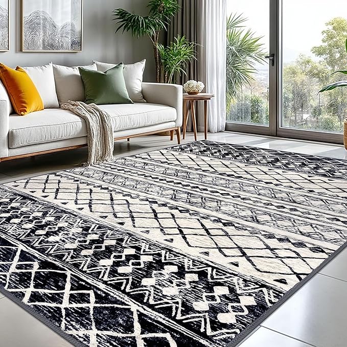 KUTA Moroccan 8x10 Area Rugs Black Navy Blue, Washable Boho Living Room Rug Non-Slip, Ultra Soft Geometric Print Tribal Traditional Farmhouse Carpet for Dining Bedroom Dorm Office Home Decor