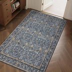 Washable Living Room Rug: 3x5 Boho Floral Soft Area Rug for Bedroom Decor - Vintage Low Pile Thin Carpet for Dining Room Non-Slip - Farmhouse Stain Resistant Rugs - Slate Blue