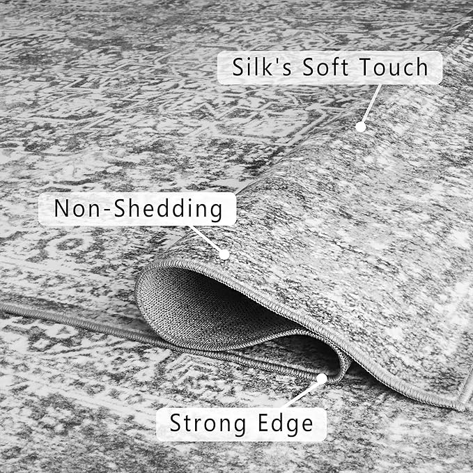 vivorug 9x12 Area Rugs, Stain Resistant Washable Rug for Living Room, Vintage-Inspired Grey Rug