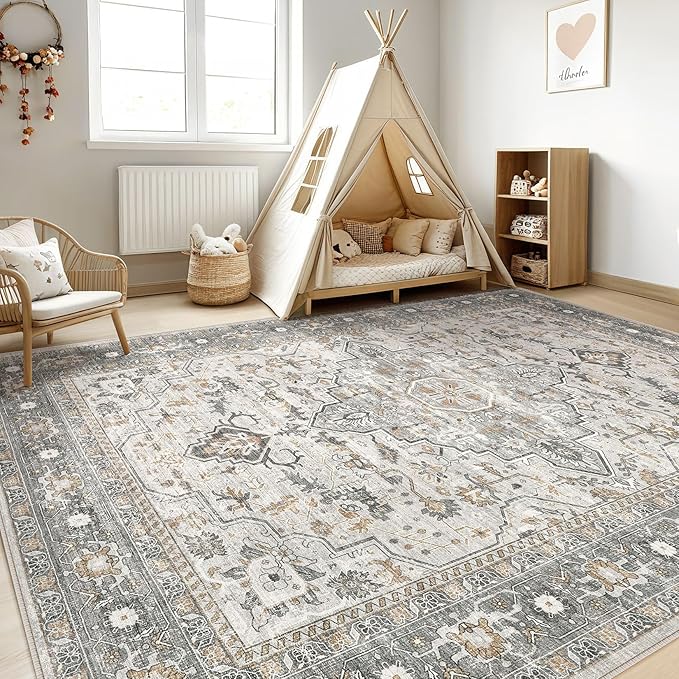 7x9 Area Rug Living Room: Washable Boho Large Neutral Vintage Soft Rugs Stain Resistant Distressed Farmhouse Non-Slip Indoor Floor Carpet for Bedroom Nursery Kids Office Dining Room- Taupe