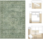 FMFUNCTEX 5x7 Washable Area Rug Green Neutral Vintage Distressed Oriental Non Slip Low Pile Traditional Indoor Carpet for Living Room Bedroom Soft Retro Throw Rug for Dining Office Kitchen Entryway