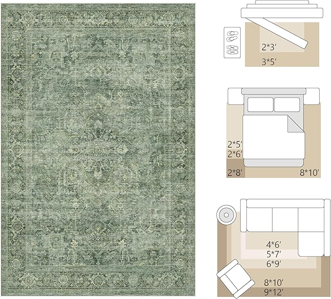 Fmfunctex 8x10 Washable Area Rug Green Vintage Neutral Distressed Oriental Large Non Slip Retro Carpet for Living Room Bedroom Soft Low Pile Indoor Mat Throw Rug for Dining Room Kitchen Office Nursery