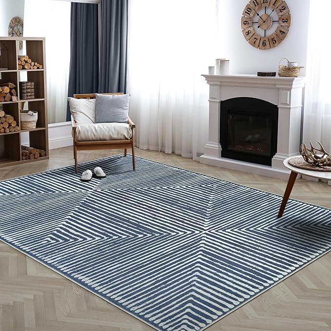 Bloom Rugs Washable Non-Slip 10x14 Rug - Blue Striped Area Rug for Living Room, Bedroom, Dining Room, and Kitchen - Exact Size: 10' x 14'