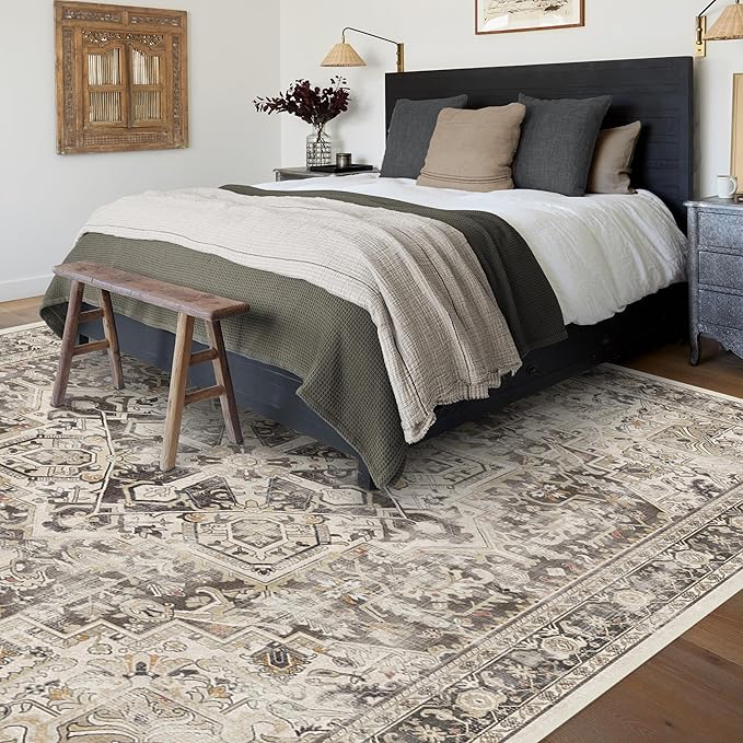 RUGGABLE Washable Vintage Area Rug – Kamran Hazel 8x10, Stain-Resistant, Non-Slip – Large Machine Washable Rugs for Living Room, Bedroom, Hallway, Entryway & Office–with Cushioned Pad