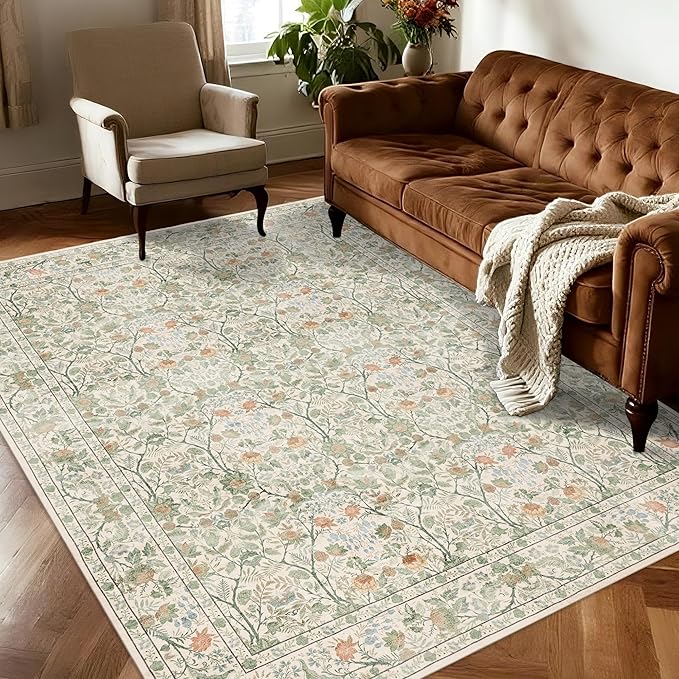Washable Living Room Rug: 6x9 Boho Floral Soft Area Rug for Bedroom Decor - Vintage Low Pile Thin Carpet for Dining Room Non-Slip - Farmhouse Stain Resistant Rugs - Beige Green