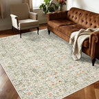 Washable Living Room Rug: 6x9 Boho Floral Soft Area Rug for Bedroom Decor - Vintage Low Pile Thin Carpet for Dining Room Non-Slip - Farmhouse Stain Resistant Rugs - Beige Green