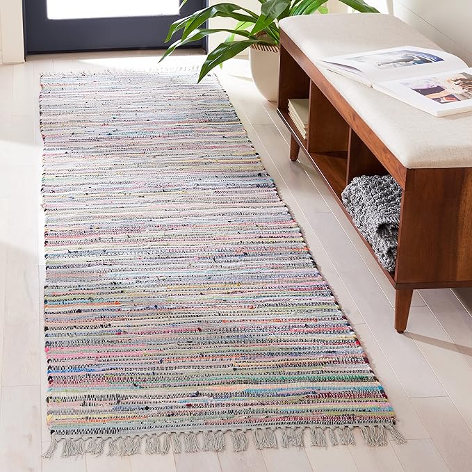 SAFAVIEH Rag Rug Collection Runner Rug - 2'3" x 8', Grey & Multi, Handmade Boho Stripe Cotton, Ideal for High Traffic Areas in Living Room, Bedroom (RAR121M)