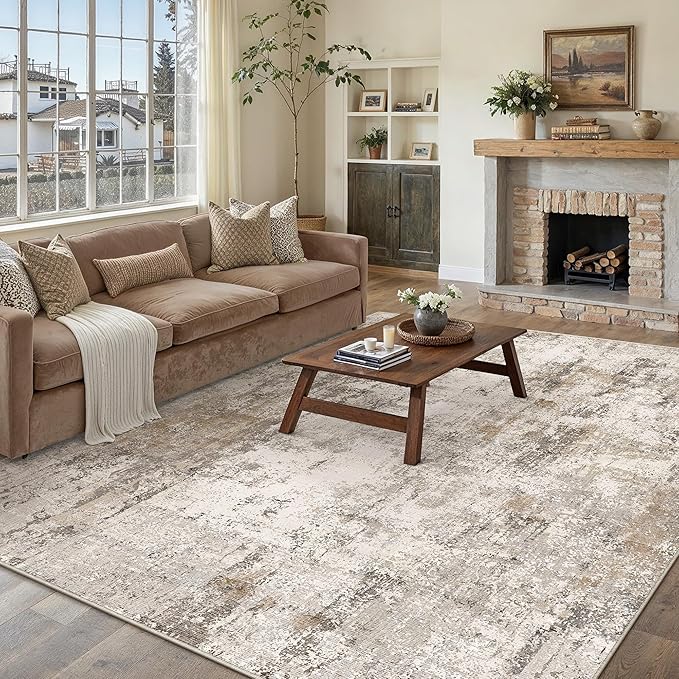 6x9 Washable Area Rug Brown Grey Abstract Living Room Bedroom Throw Rug Neutral Modern Non Slip Soft Low Pile Indoor Carpet for Dining Room Office Entryway