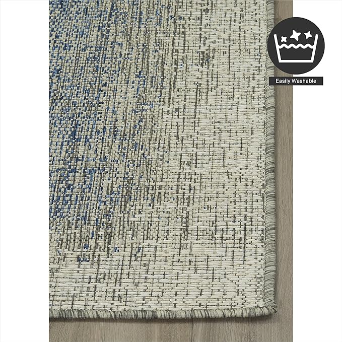 FH Home Flat Woven Outdoor Rug - Waterproof, Easy to Clean, Stain Resistant - Premium Polypropylene Yarn - Modern Ombre - Large Patio, Deck, Sunroom - Dhruva - Blue - 7ft 8in x 9ft 8in
