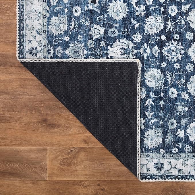 Bloom Rugs Washable Non-Slip 6' x 9' Rug - Dark Blue Traditional Bordered Area Rug for Living Room, Bedroom, Dining Room, and Kitchen - Exact Size: 6' x 9'