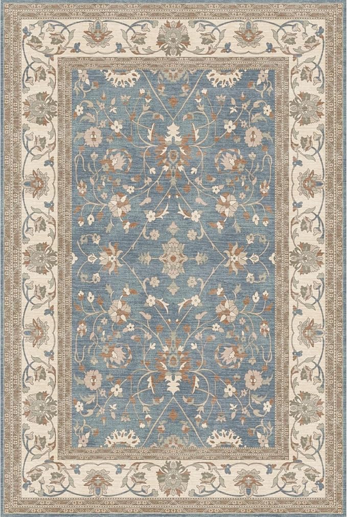 Kuden 8x10 Large Area Rug, Machine Washable Area Rug with Non-Slip Backing, Vintage Style, Soft, Easy Clean, Low Pile Rug for Living Room, Bedroom, Dining Room