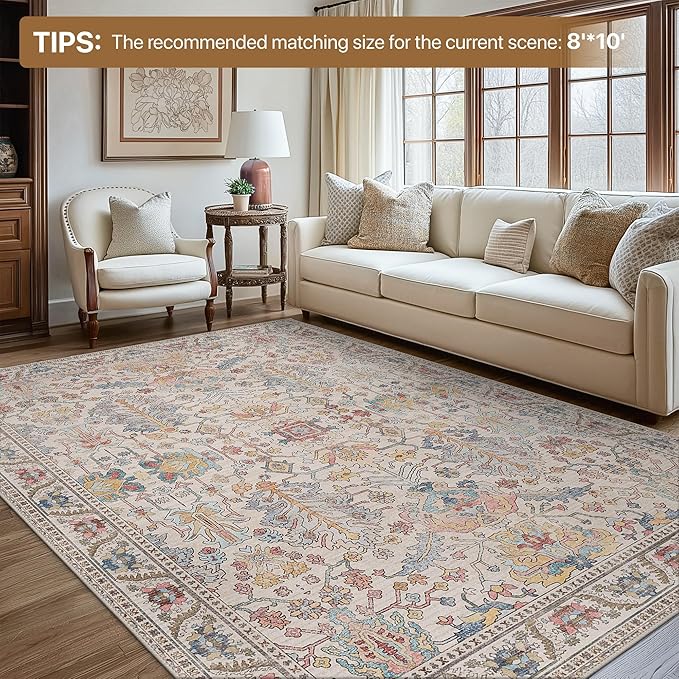 Bavni Area Rug 3x5, Non-Slip Washable Rugs for Living Room Office, Boho Distressed Printed Rug, Low Pile Foldable Decorative Carpet for Bedroom Kitchen Office, Retro Multi
