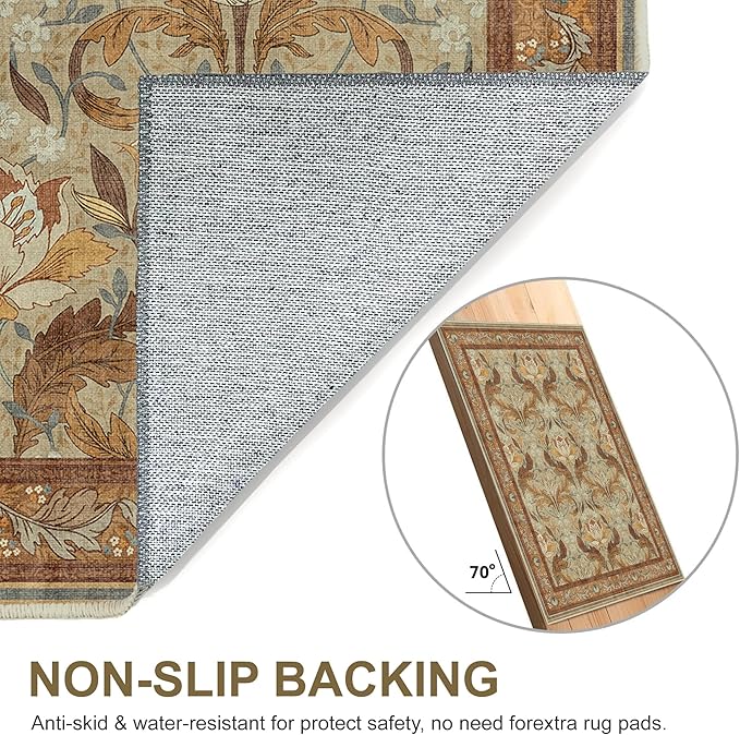 Bavni 8x10 Area Rugs for Living Room, Microfiber Machine Washable Non-Slip Vintage Floral Rug, Low Pile Lightweight Carpet for Bedroom, Dining Room, Home Office, Beige & Terracotta