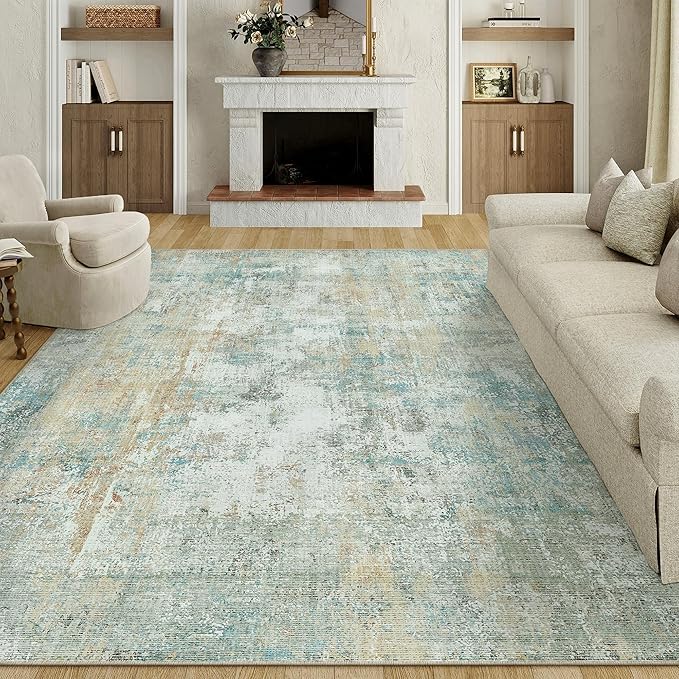 9x12 Area Rug Teal Beige Abstract Living Room Bedroom Washable Carpet Neutral Modern Non-Slip Soft Low Pile Lightweight Vacuumable Large Throw Rug for Dining Room