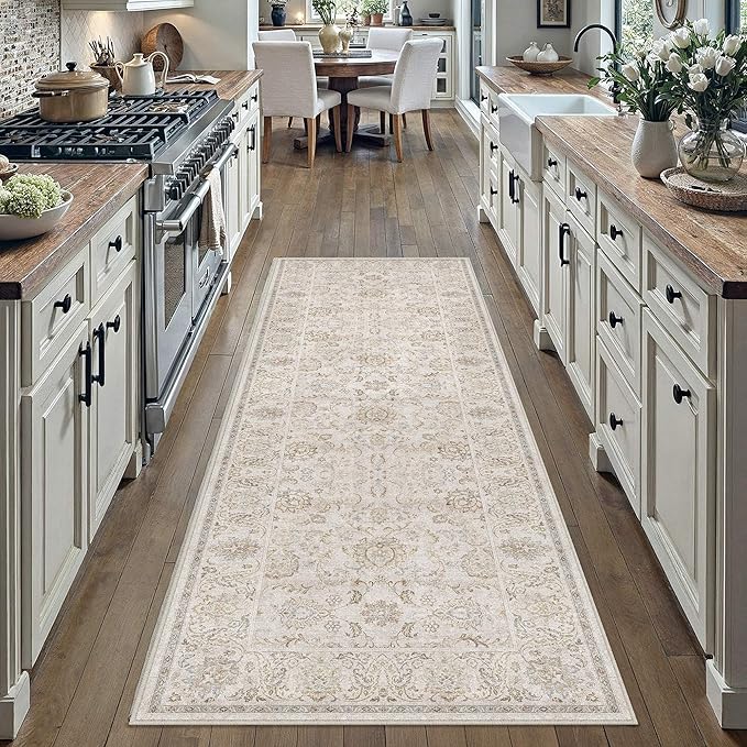 HUGEAR 2x6 Machine Washable Hallway Runner Rugs Vintage Grey - Neutral Non Slip Stain Resistant Low Pile Aesthetic Throw Carpet Kids & Pet Friendly for Bedroom Kitchen