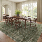 Washable 9x12 Area Rugs for Living Room, Boho Non-Slip Vintage Distress Lager Rugs for Bedroom Dining Room Nursery Office, 0.3" Neutral Oriental Throw Thin Carpet, Grass Green/Multi