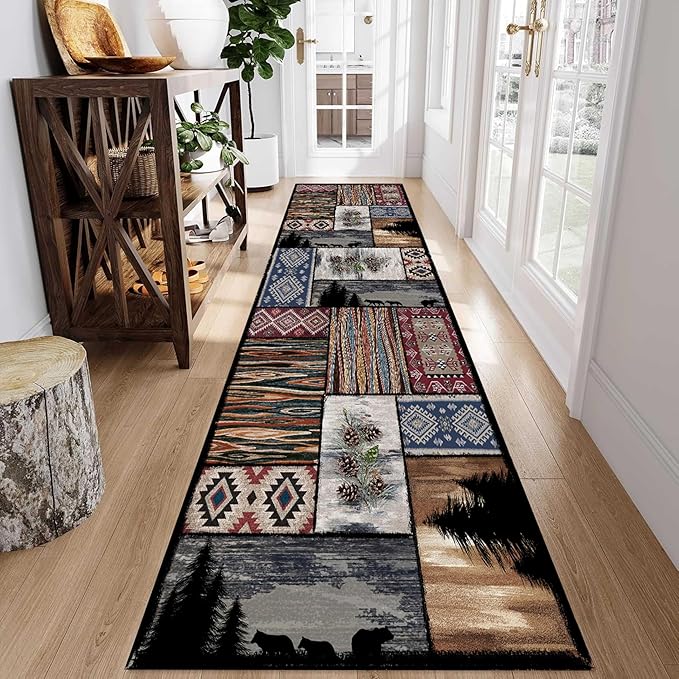 Rustic Country Woodland Rug, 2.6x7ft, Bohemian Forest Animal Bear Wolf Multicolor, Southwestern Native American Hunting Hallway Carpet, Washable Fade Resistant Throw