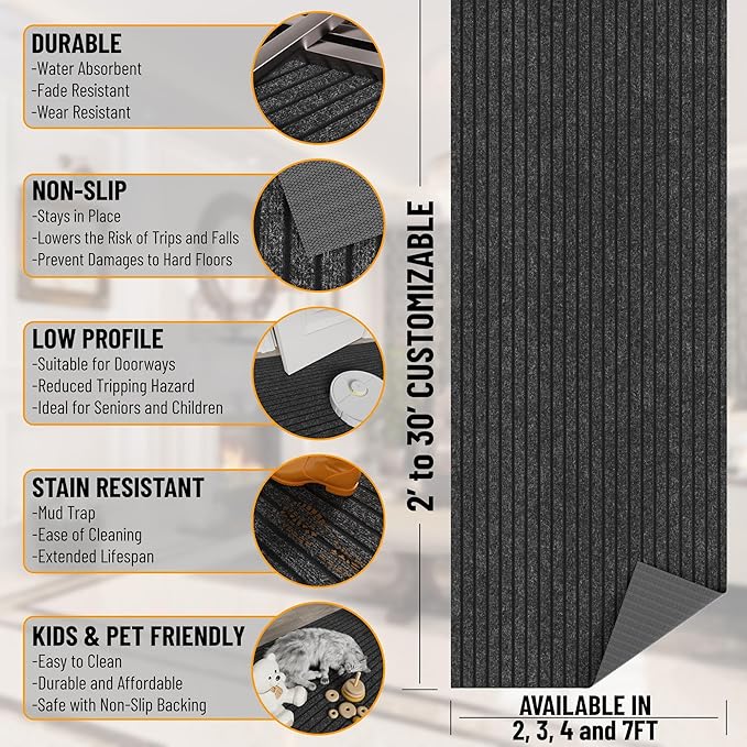 Ottomanson 2' x 31' Hallway Runner with Scraper Pile Extra Durable Non-Slip Rug Mat for Indoor & Outdoor Use - Ideal for Kitchen, Entryway, Patio & Garage - High-Traffic Carpet, Black