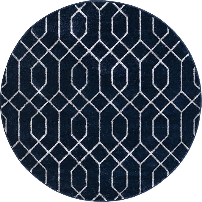 Unique Loom Glam Collection Area Rug - Trellis (5' 3" Round, Navy Blue Silver/ Silver)
